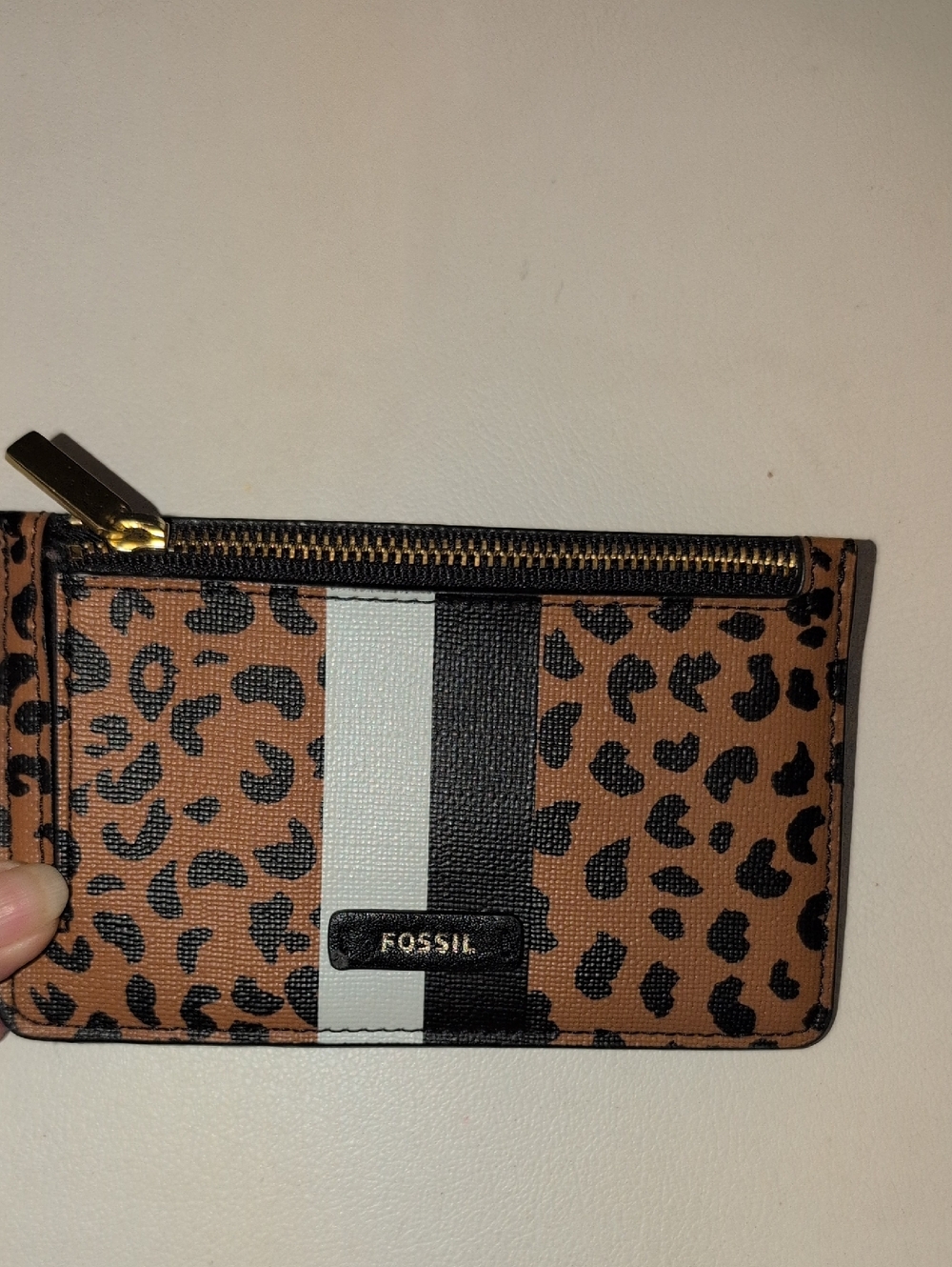 Fossil Leopard Print Card Wallet Keychain with Stripe Accent